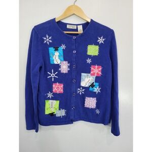 Isabellas Closet‎ Royal Blue Snowman Snowflake Ugly Christmas Sweater Cardigan M